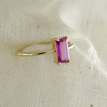 Long Baguette Lab Pink Sapphire Ring in Recycled Gold – Wedding & Anniversary R39