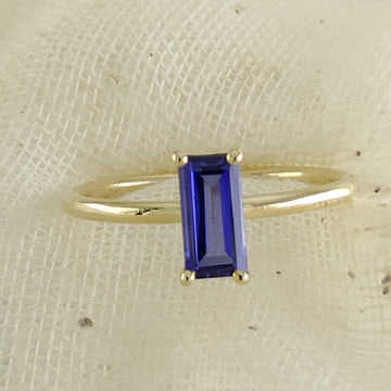 Custom Handmade Recycled Solid Gold Long Baguette Ring with Lab Blue Sapphire – Celebrate Love, Proposals, or Weddings in Style"