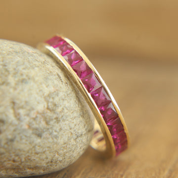 lab ruby ring, eternity band, stacking band, recycled gold,