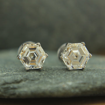 Handmade Hexagon Lab Diamond Stud Earrings in 14K Recycled Gold โ Bridal & Daily E3 LGD