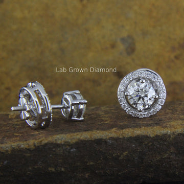 gold earrings, halo studs, lab diamond, 14k gold, screw back studs,