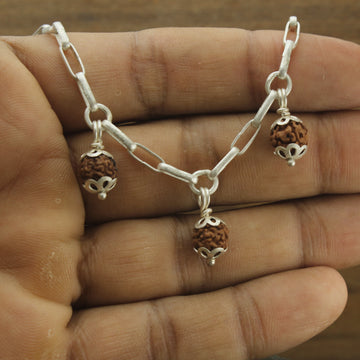 3 Rudraksha Beeds 925 Pure Sterling Silver handmade paper clip chain loose bracelet