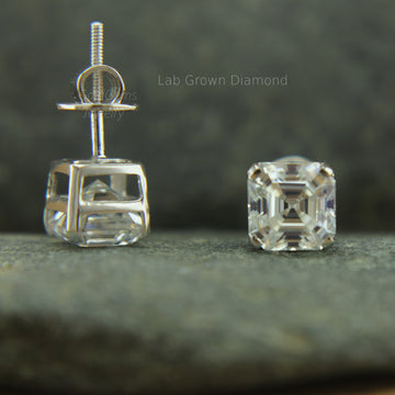 Handmade Asscher Cut Lab Diamond Stud Earrings with screw back fitting in Recycled 14K Solid Gold – Timeless Gift for Engagement, Wedding & Anniversary