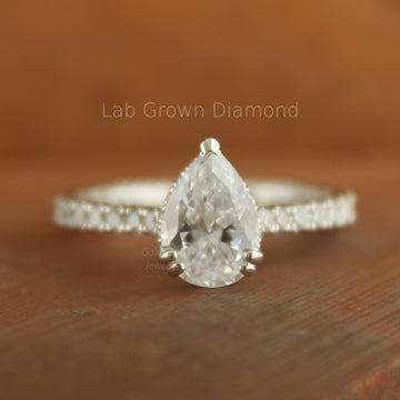 Stunning Handmade 14K Solid Gold Pear-Shaped Lab Diamond Engagement Ring with Hidden Halo for Women - IGI Certified, Perfect for Proposal or Anniversary