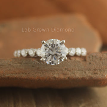 Handmade Round Lab Diamond Ring with Floating Shank | IGI Certified, 14k Solid Gold | Prong & Micro Pave Wedding Ring for Women