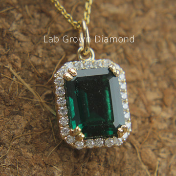 emerald necklace, gold pendant, halo necklace, 14k gold jewelry,