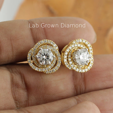 gold earrings, halo studs, lab grown diamond, 14k gold, screw back earrings,