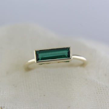baguette emerald ring, bezel-set jewelry, recycled gold ring,