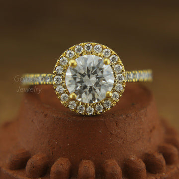 moissanite ring, halo engagement ring, solid gold