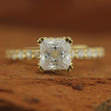 Princess Moissanite Ring, Double Prong Ring, Hidden Halo Ring,