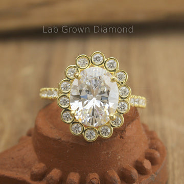 Oval Lab Diamond Engagement Ring – IGI Certified 1.5ct-5ct Bezel Halo Bridal Statement Ring – Handmade Wedding & Anniversary Gift for Her