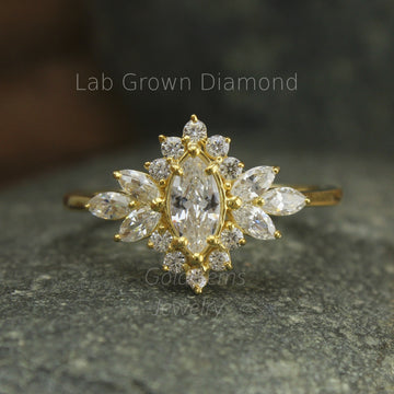 Marquise Lab Diamond Engagement Ring โ IGI Certified 2ct-5ct Round fancy Halo Wedding Band โ Elegant Bridal & Anniversary Gift for Women