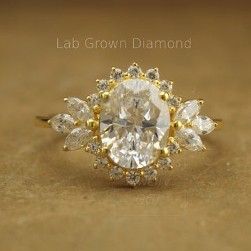 Oval Lab Diamond Statement Ring with Halo in Gold | 2ct-5ct IGI Certified Anniversary Ring