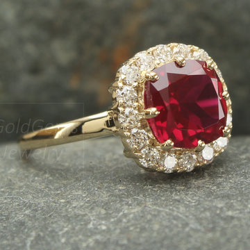 ruby halo ring, lab ruby ring, cushion cut ring, gold anniversary ring,