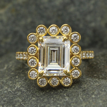 Emerald Moissanite, Halo Ring, Bezel Setting, Vintage Ring,
