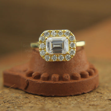 Emerald Cut Ring, Horizontal Moissanite, Halo Solitaire Band, 14K Gold Jewelry,