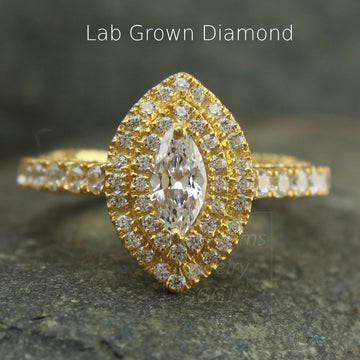 Handmade Marquise Lab Diamond Double Halo Ring โ Unique Vintage-Style Bridal Jewelry โ Elegant Conflict-Free Engagement & Wedding Ring