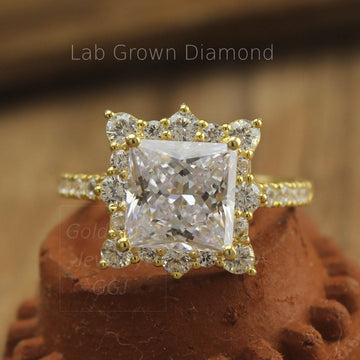 Princess Diamond Bridal Ring – 3-5ct Fancy Halo CVD/HPHT Lab Diamond – Ethical Wedding & Engagement Gift in Gold