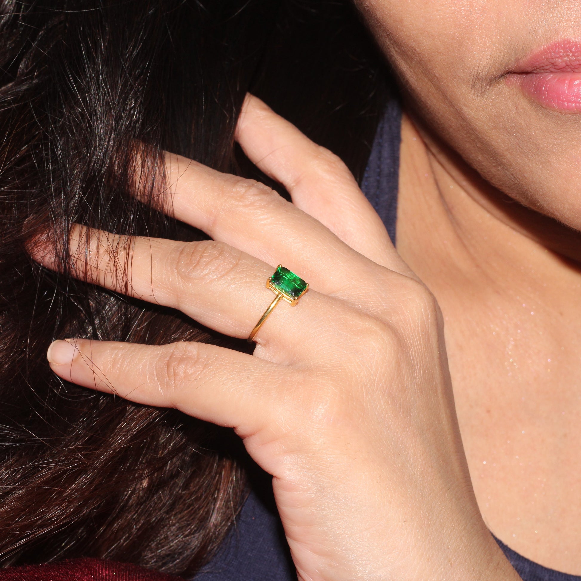 Prong Set Emerald Cut Ring, Handmade Gold Band for Engagement