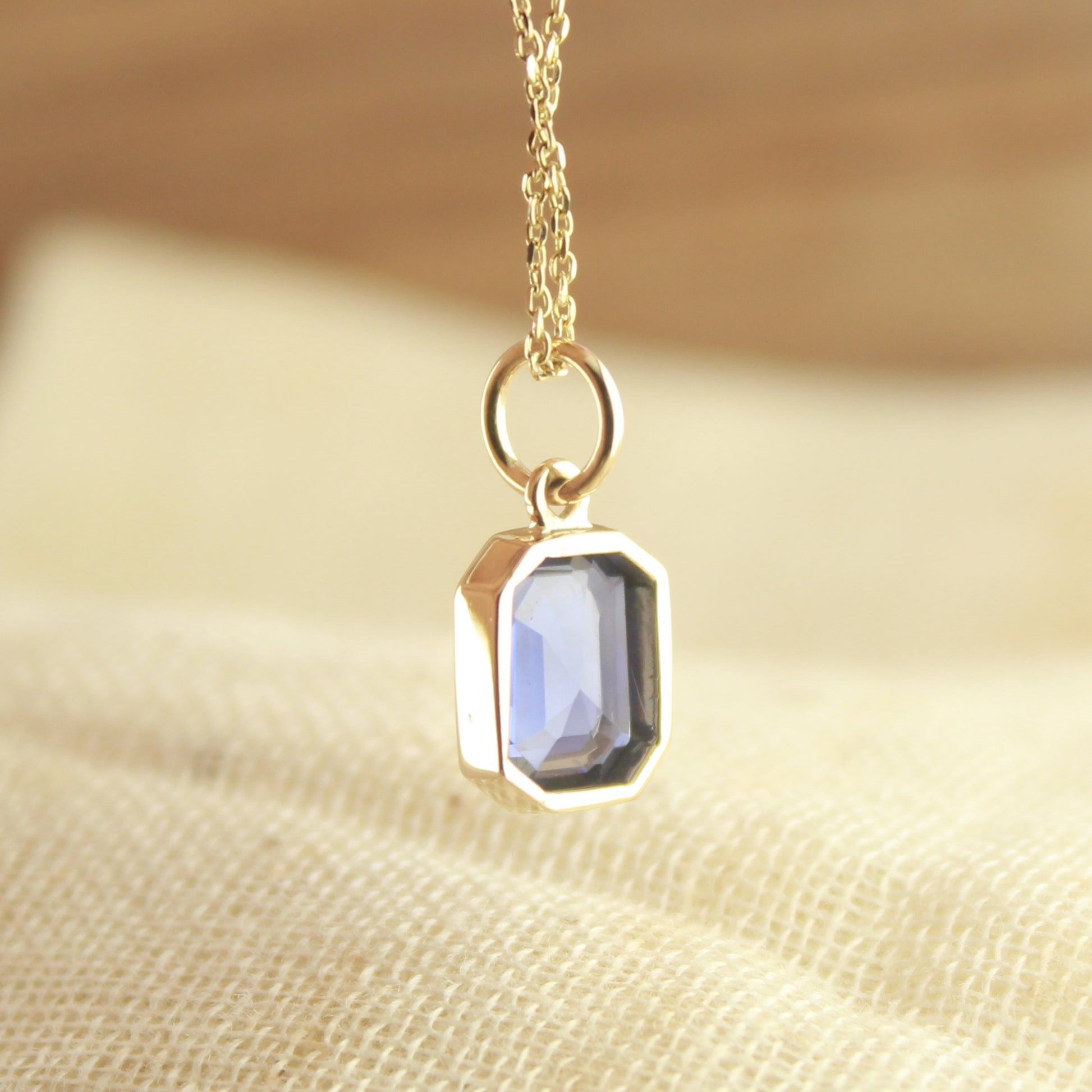 Minimalist Blue Sapphire Pendant, Lab Sapphire Gold Charm Necklace, Emerald Cut Blue Sapphire Jewelry, Handmade Gold Bezel Pendant, Everyday Sapphire Necklace for Her, 