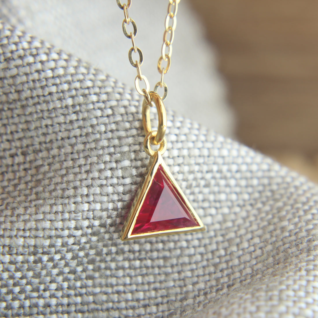 Trillion Cut Ruby Pendant in Gold, 14K Gold Ruby Triangle Necklace,