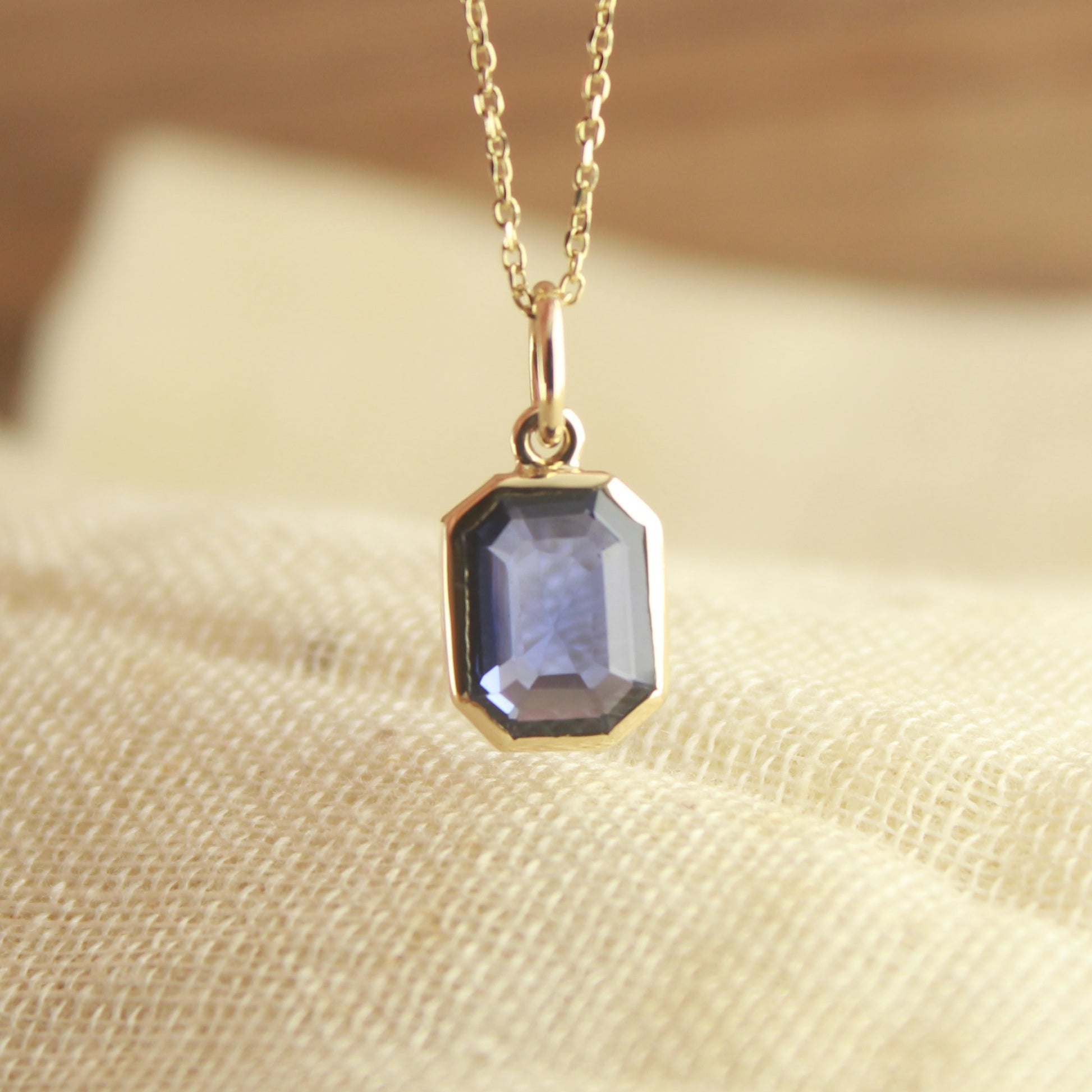 Bezel Set Lab Blue Sapphire Necklace – Everyday Gold Charm Pendant,
Delicate Gold Pendant with Emerald Cut Blue Sapphire for Women,