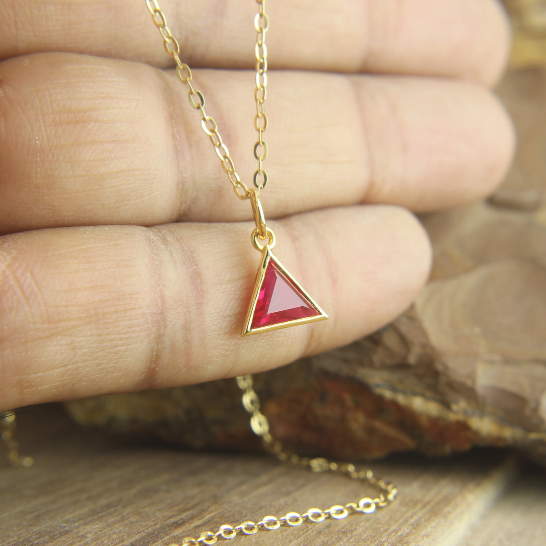 Trillion Cut Ruby Pendant in Gold, 14K Gold Ruby Triangle Necklace,
