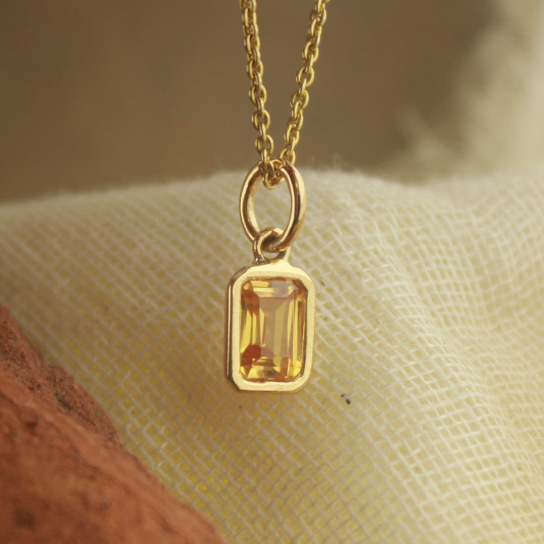 Minimalist Orange Sapphire Pendant, Emerald Cut Sapphire Necklace, 