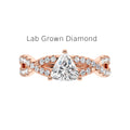 Engagement ring shown with bridal dress and flowers for emotional context, Close-up on diamond-studded shank highlighting craftsmanship and brilliance, Flat lay of ring against neutral backdrop to emphasize recycled gold sheen