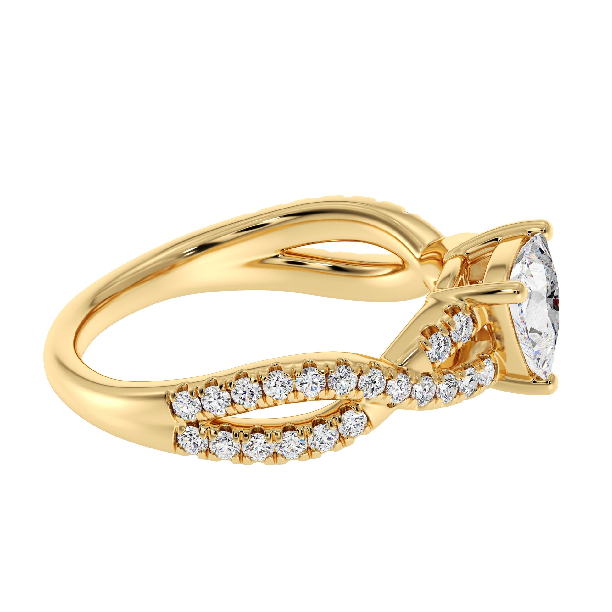 Rear view of ring showing polished recycled gold band and diamond clarity, 