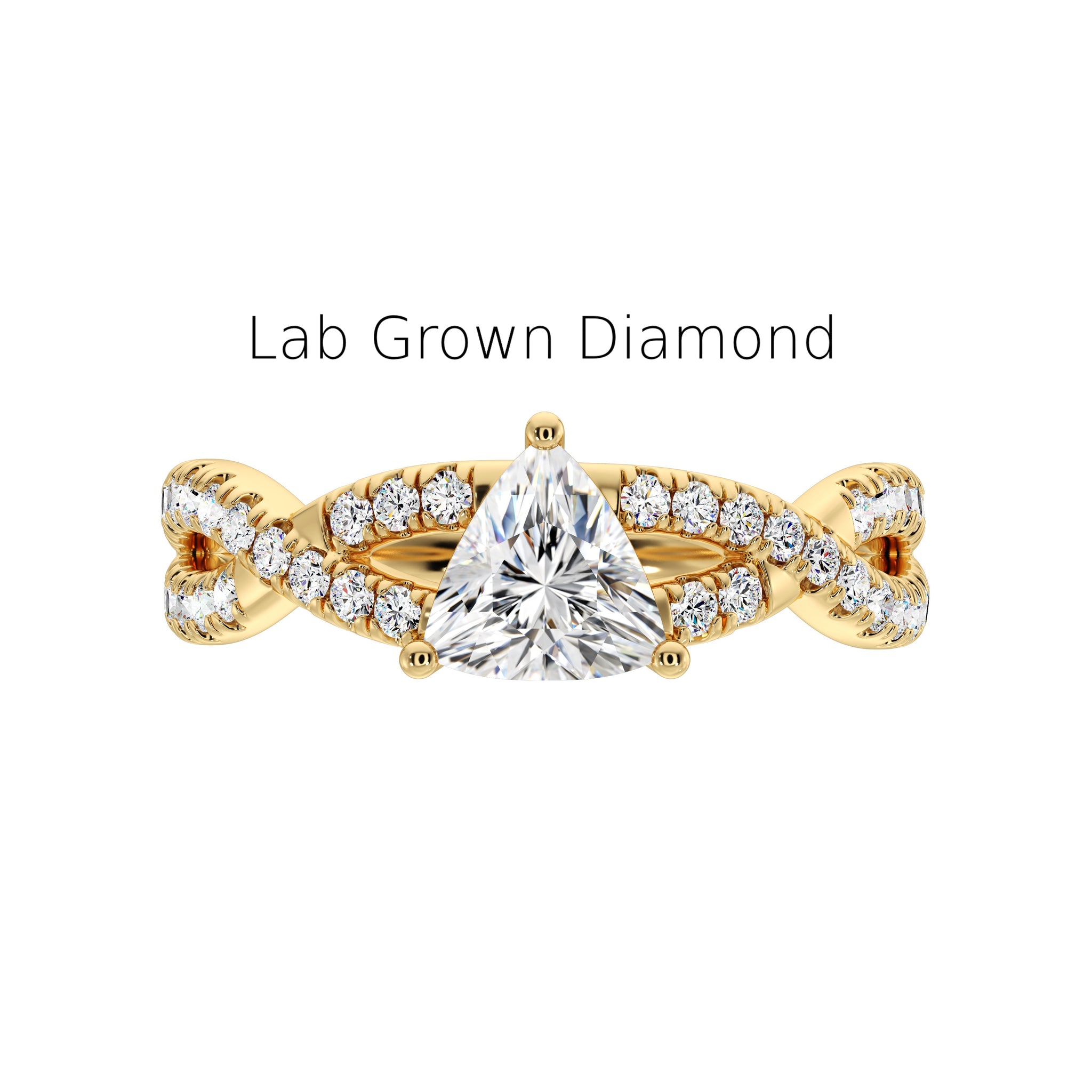 Close-up of trillion cut lab diamond ring with halo and studded shank in recycled gold, Elegant side view of handmade lab-grown diamond ring in yellow gold with detailed shank,
