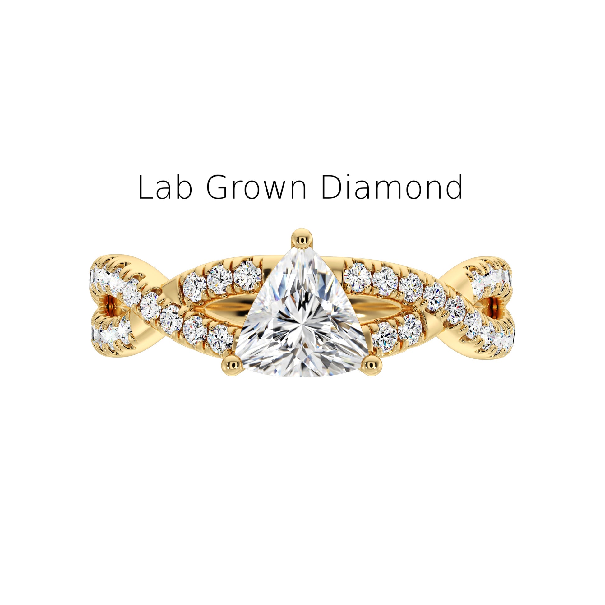 Close-up of trillion cut lab diamond ring with halo and studded shank in recycled gold, Elegant side view of handmade lab-grown diamond ring in yellow gold with detailed shank,
