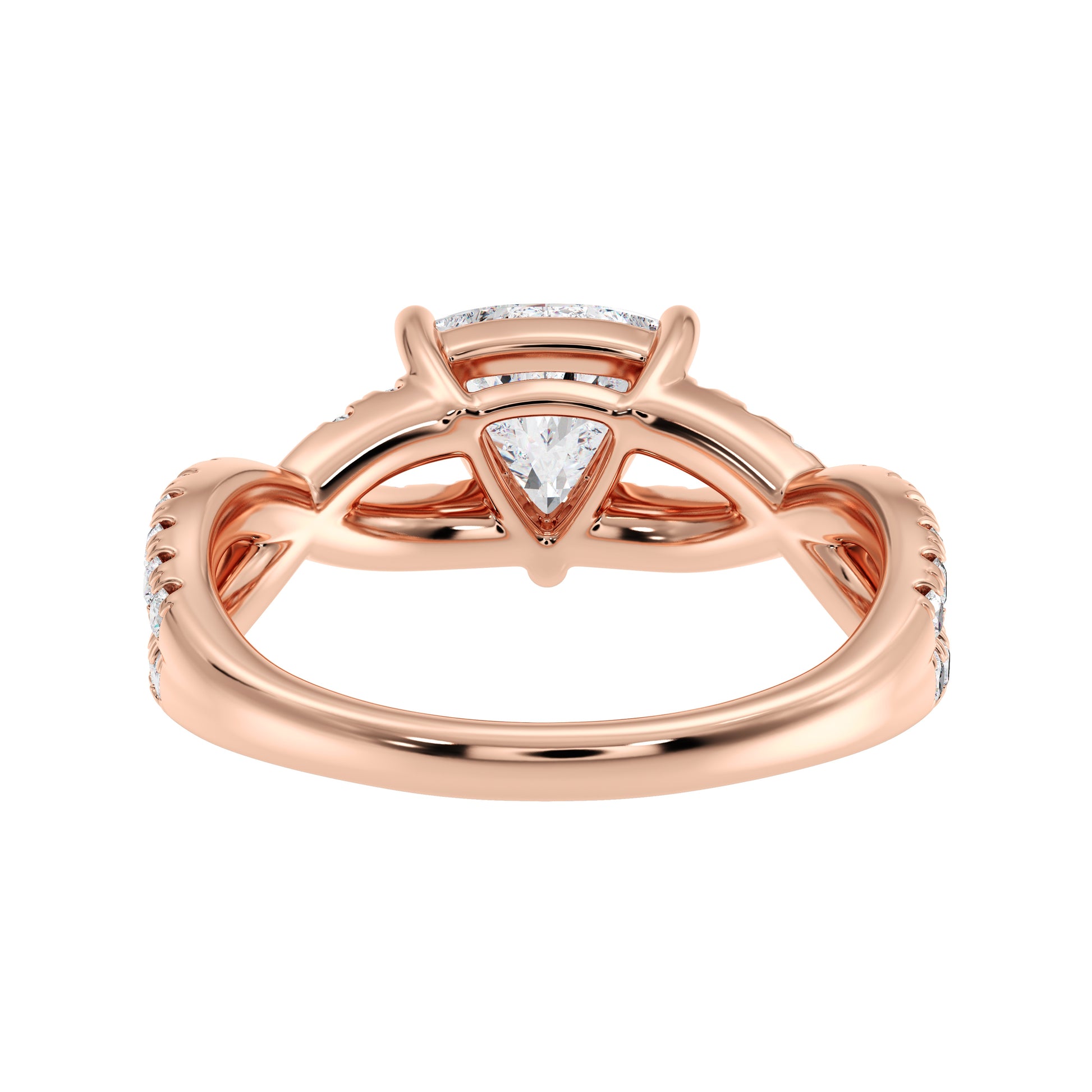 Natural light photo showing full sparkle of lab-grown trillion diamond ring, Artistic background shot with ring placed beside matching earrings and box, 