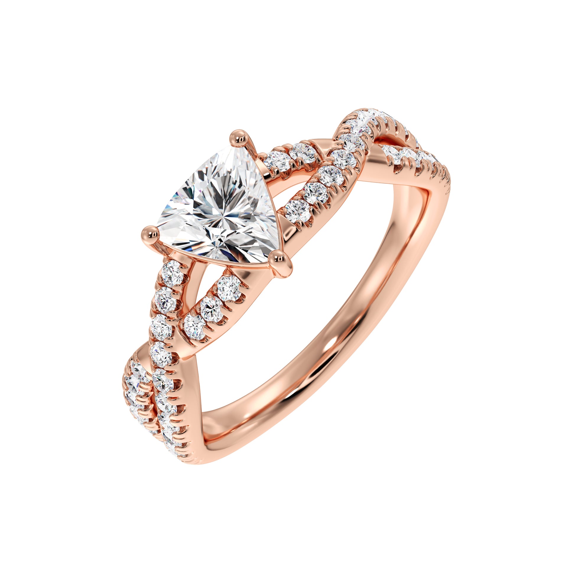 Close-up of trillion-cut lab-grown diamond ring with diamond-studded shank in 14K recycled gold.

Side view of handmade engagement ring featuring a trillion-cut lab diamond and diamond-studded shank.