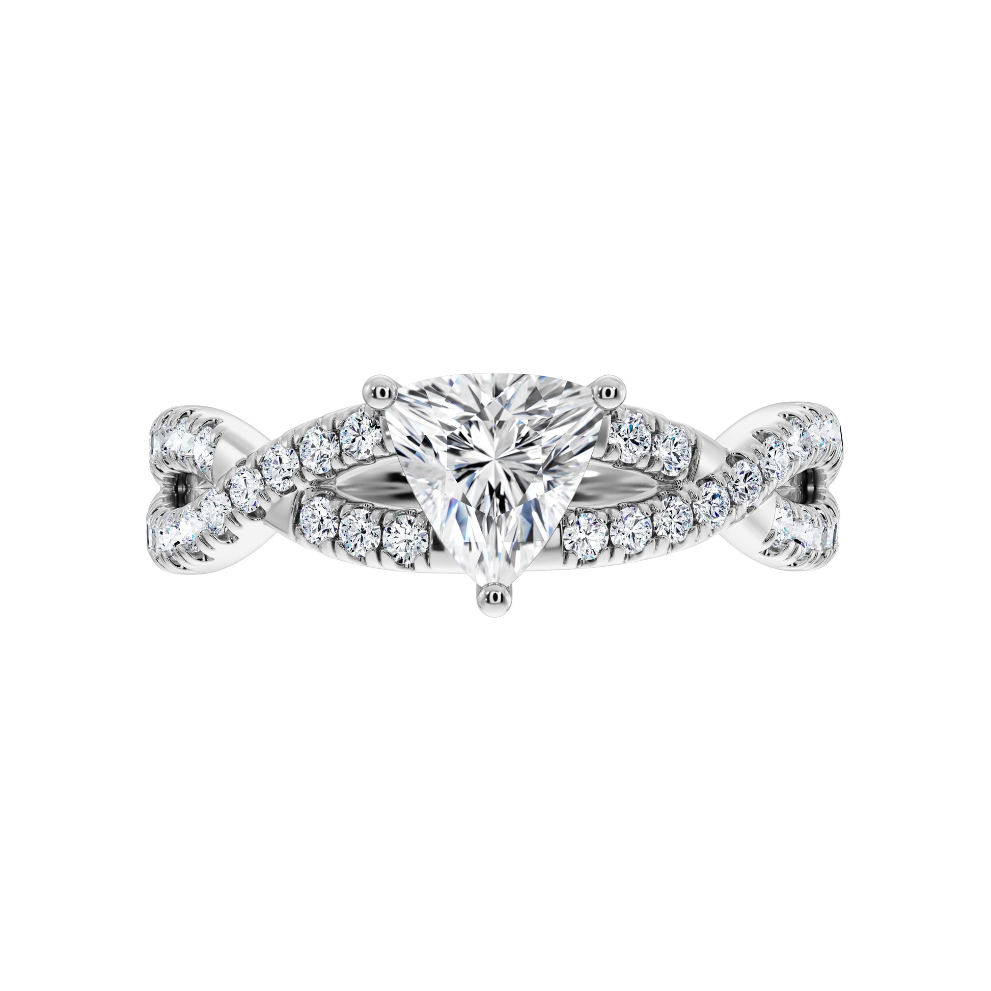On-hand display of elegant trillion-cut lab-grown diamond ring in 18K recycled gold.

Stacked look showcasing the trillion-cut lab diamond ring paired with matching bands.