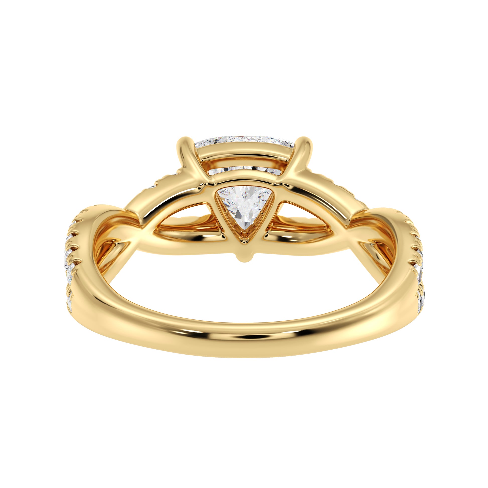 On-hand view of bride wearing trillion-cut lab diamond ring in 14K gold, Stacked shot of wavy lab diamond band and trillion-cut engagement ring set, 
