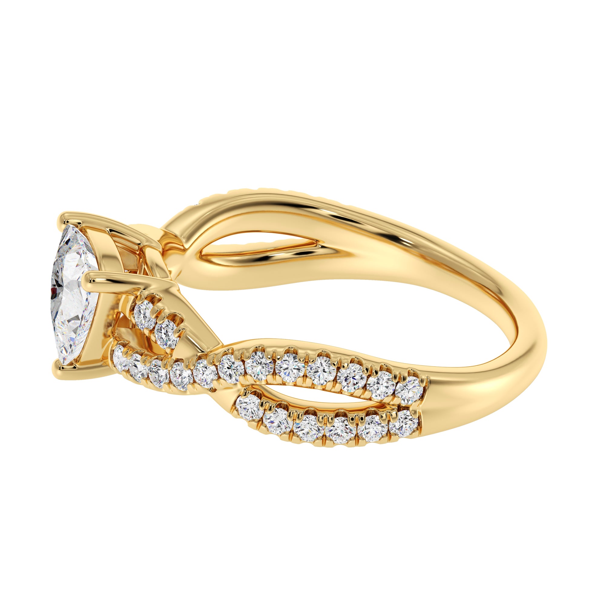 Top-down view of IGI certified trillion diamond in recycled 18K gold band, Jewelry box view of eco-friendly lab-grown diamond ring with halo setting