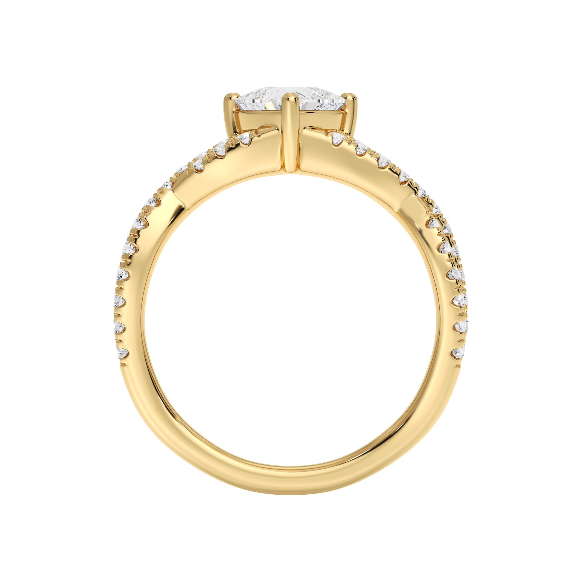Artistic close-up showing sparkle of round diamonds on split shank design, Lifestyle image of bride showcasing handmade trillion-cut diamond ring, 
