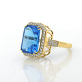 Emerald Cut Aquamarine Ring, Lab Diamond Halo, Recycled Gold
