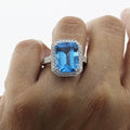 Luxury Aquamarine Halo Ring, Lab Diamond Bold Statement Piece