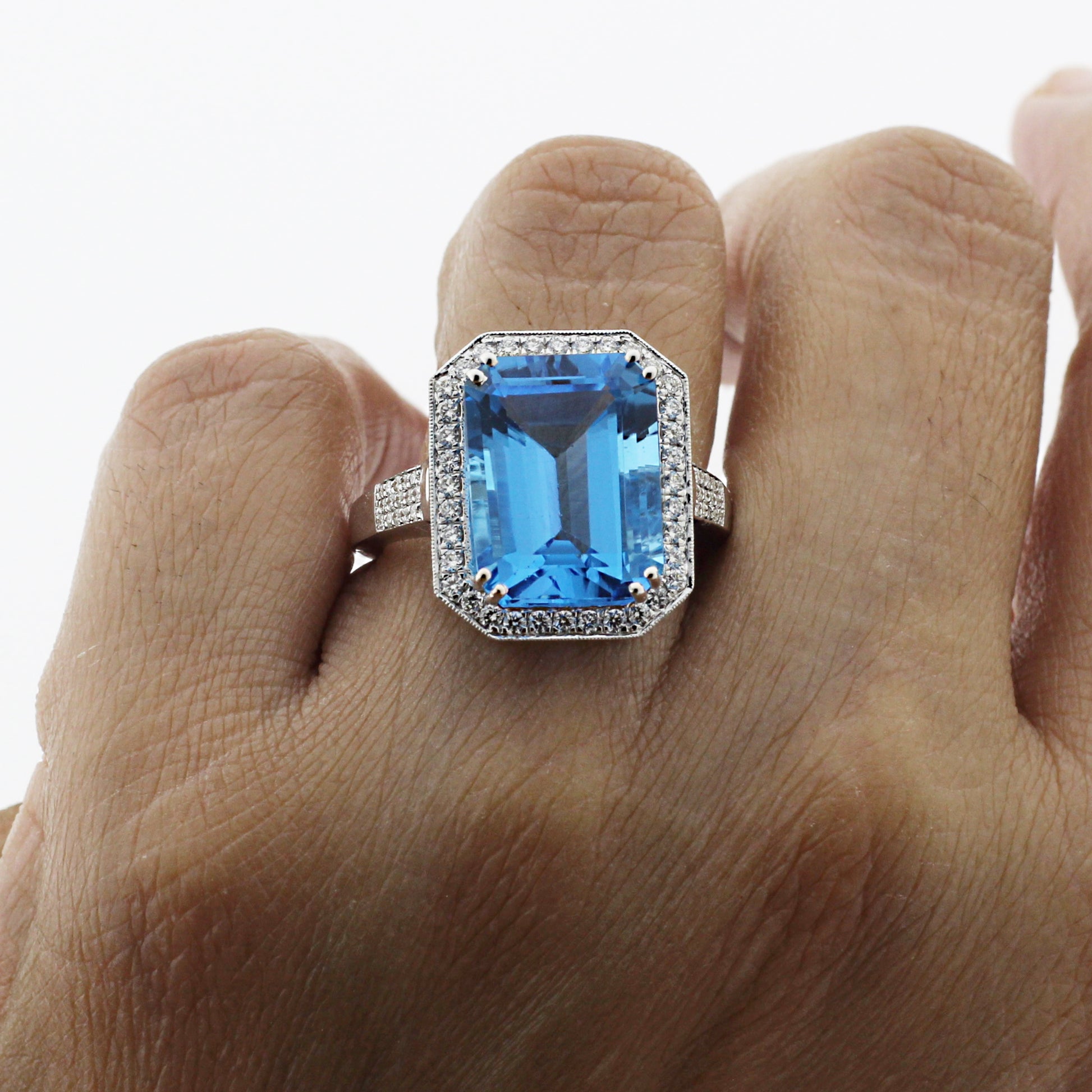 Luxury Aquamarine Halo Ring, Lab Diamond Bold Statement Piece