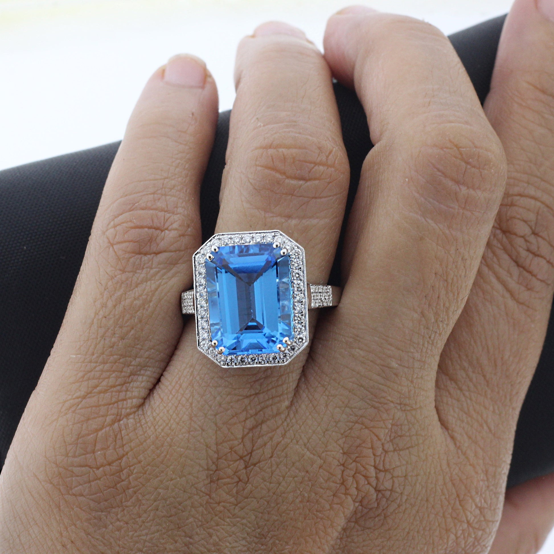 Handcrafted Aquamarine Engagement Ring, Lab Diamond Halo Design