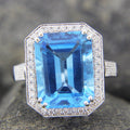 Emerald Cut Aquamarine Halo Ring, Recycled Gold Statement Jewelry