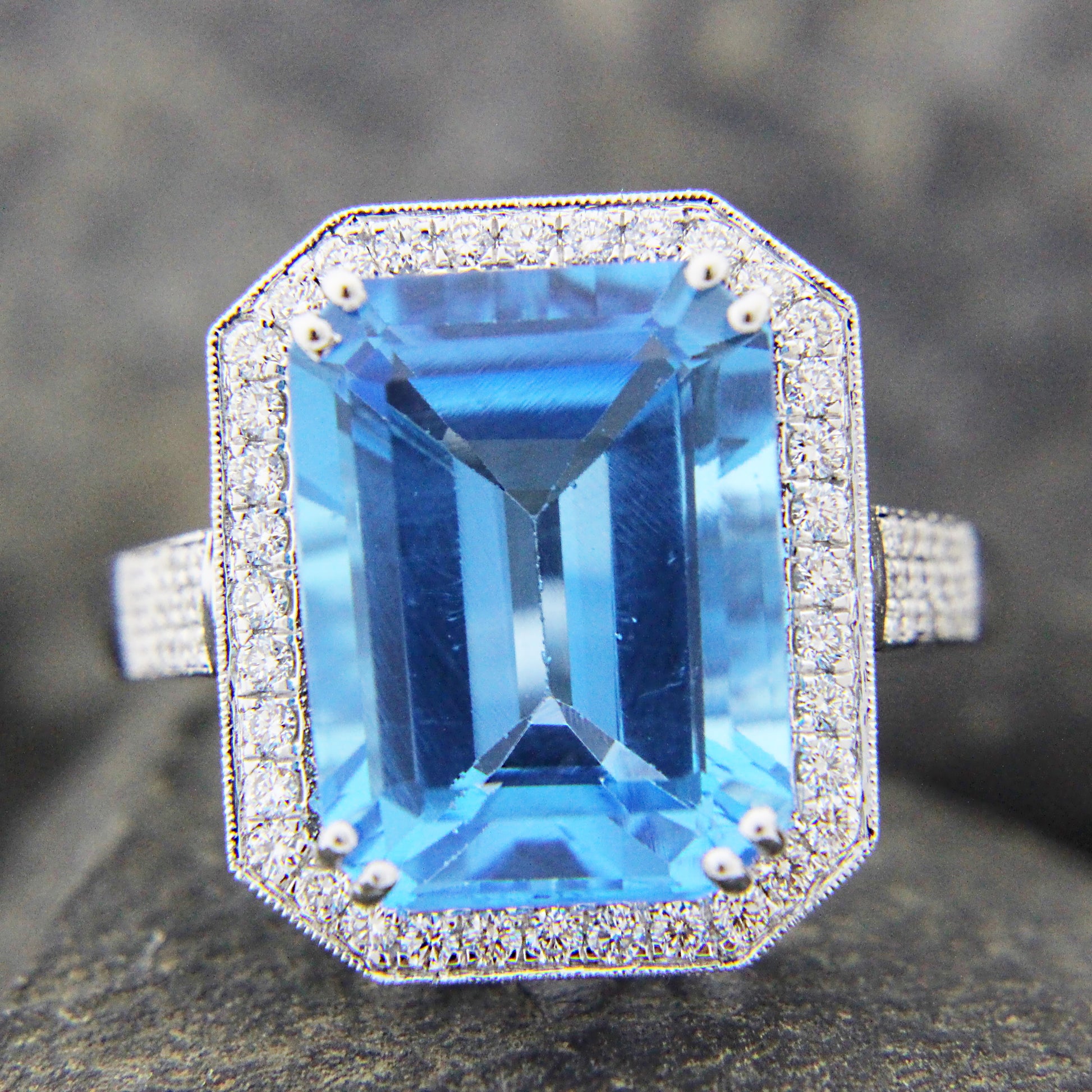 Emerald Cut Aquamarine Halo Ring, Recycled Gold Statement Jewelry