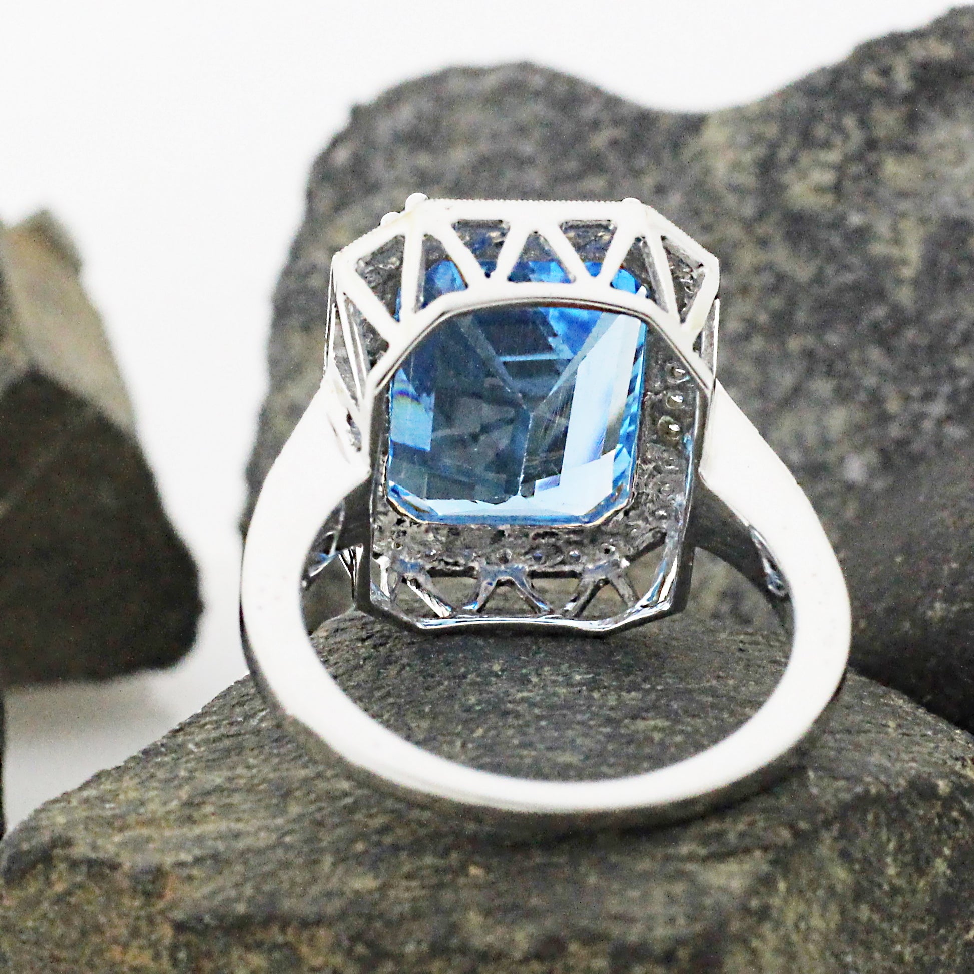Bold Aquamarine Cocktail Ring, Lab Diamond Halo Design