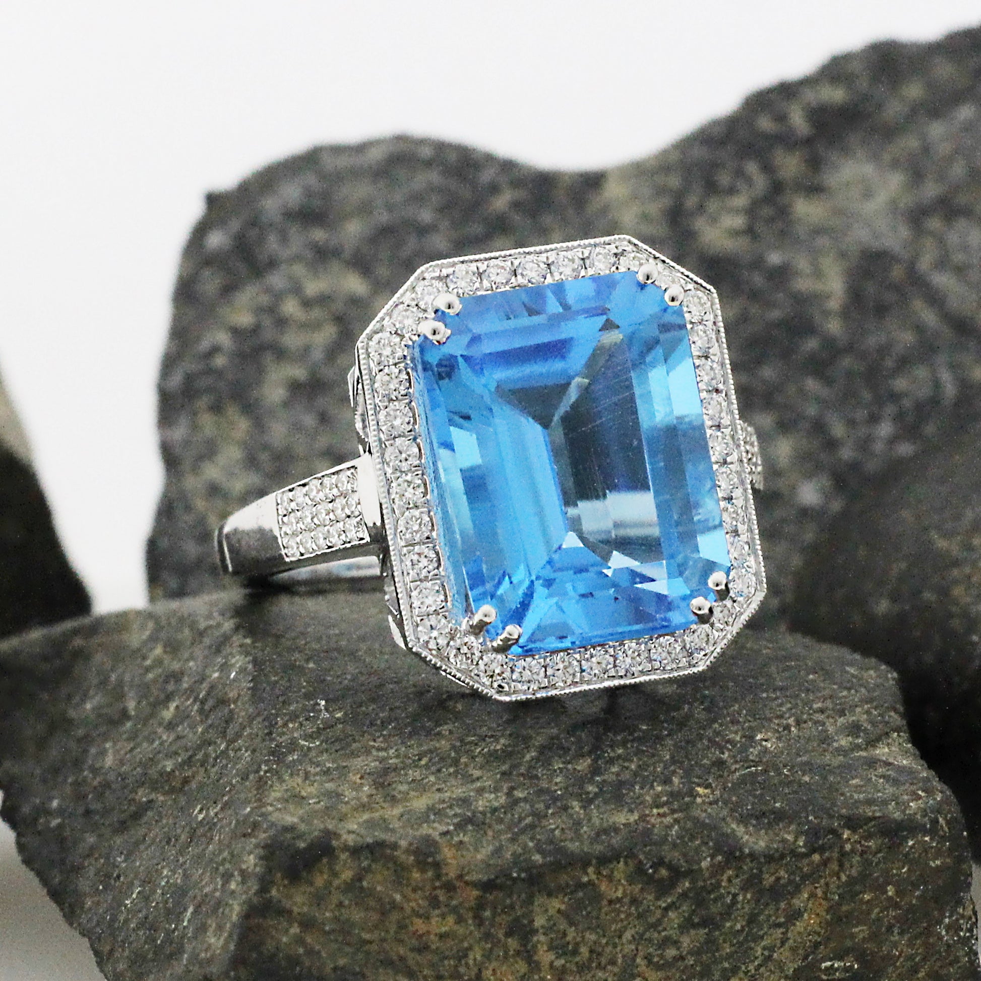Lab Diamond Halo Aquamarine Ring, Unique Bold Cocktail Jewelry