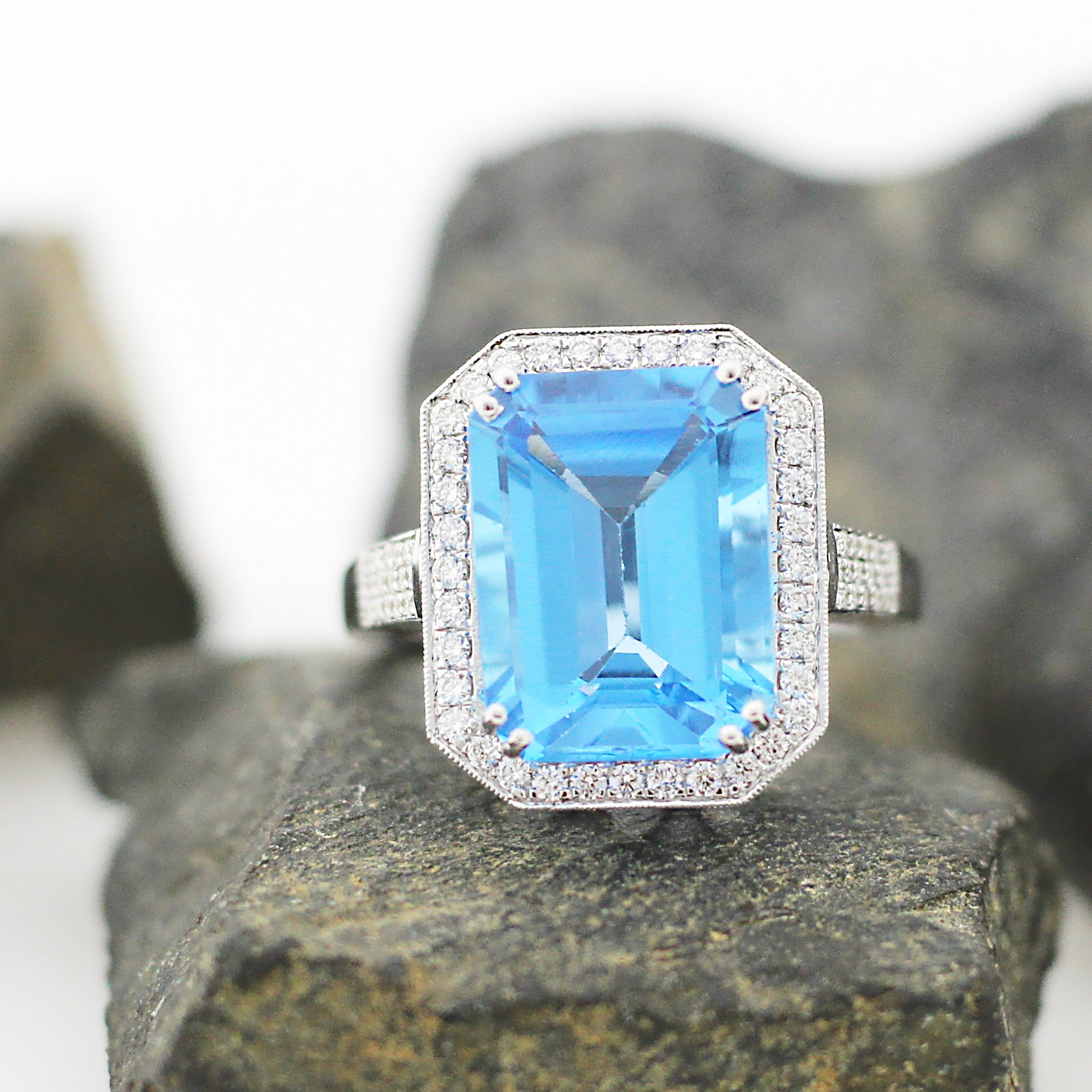Emerald Cut Aquamarine Halo Ring, Perfect Anniversary Gift
