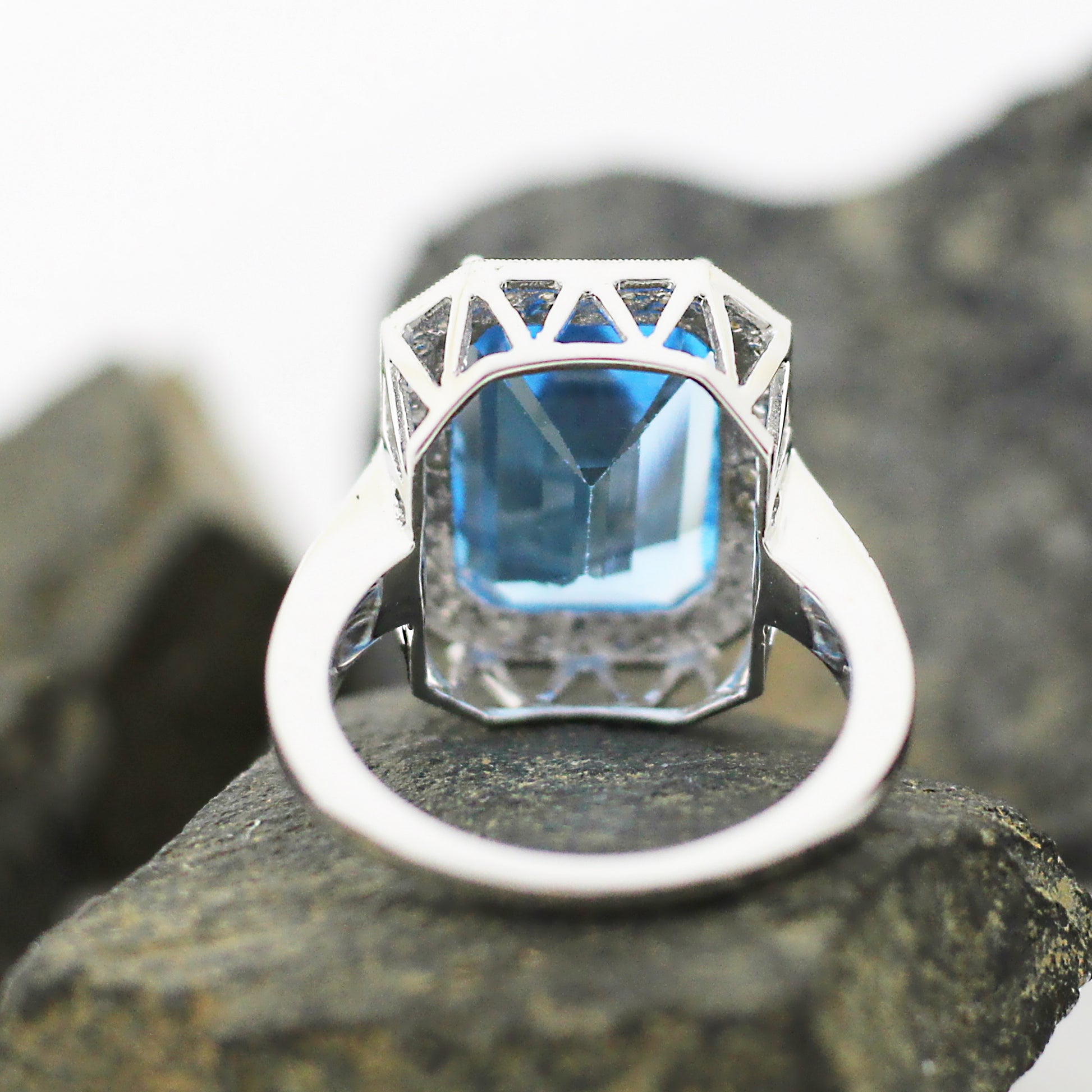 emerald cut ring, aquamarine ring, lab diamond halo, bold statement ring, recycled gold ring, cocktail ring,