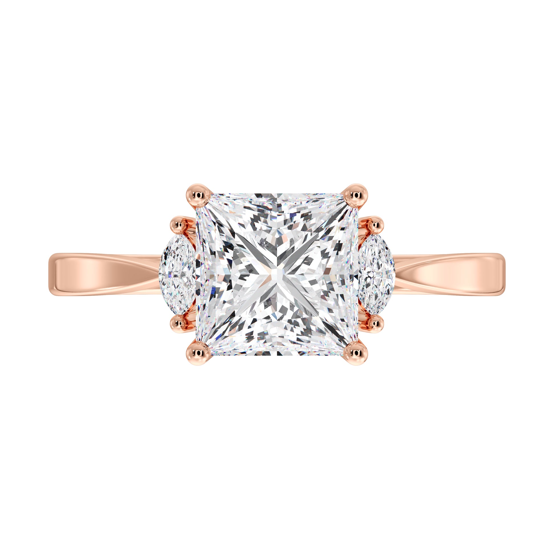 Rose gold ring with a large diamond and smaller diamonds on the band against a white background