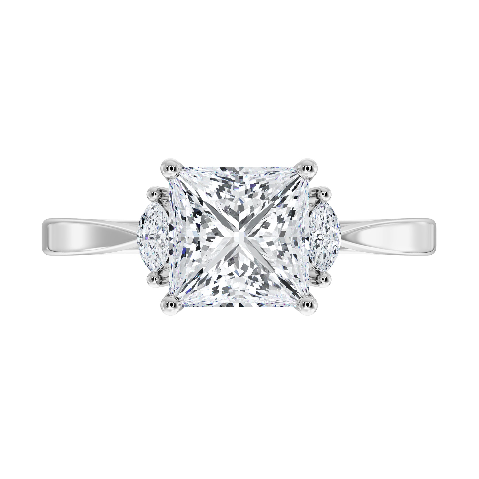 Diamond ring in white gold with a square princess cut center stone on a white background